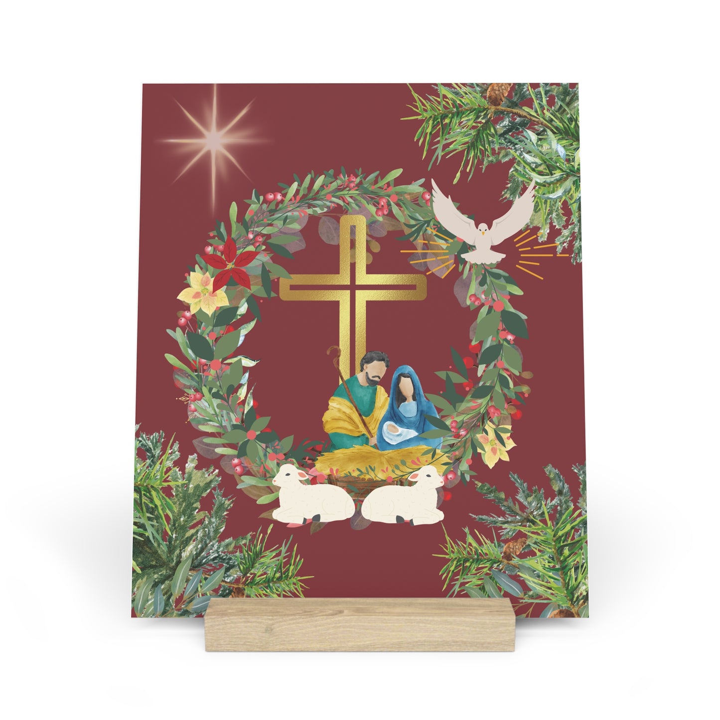 Beautiful Christmas Wreath Manger Art in Maroon