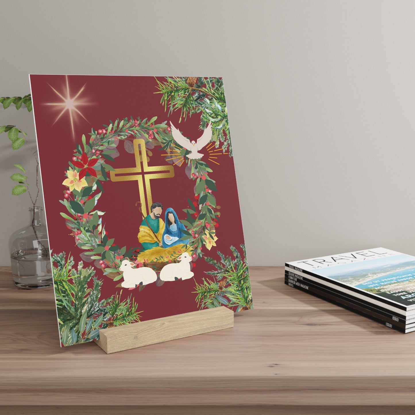 Beautiful Christmas Wreath Manger Art in Maroon