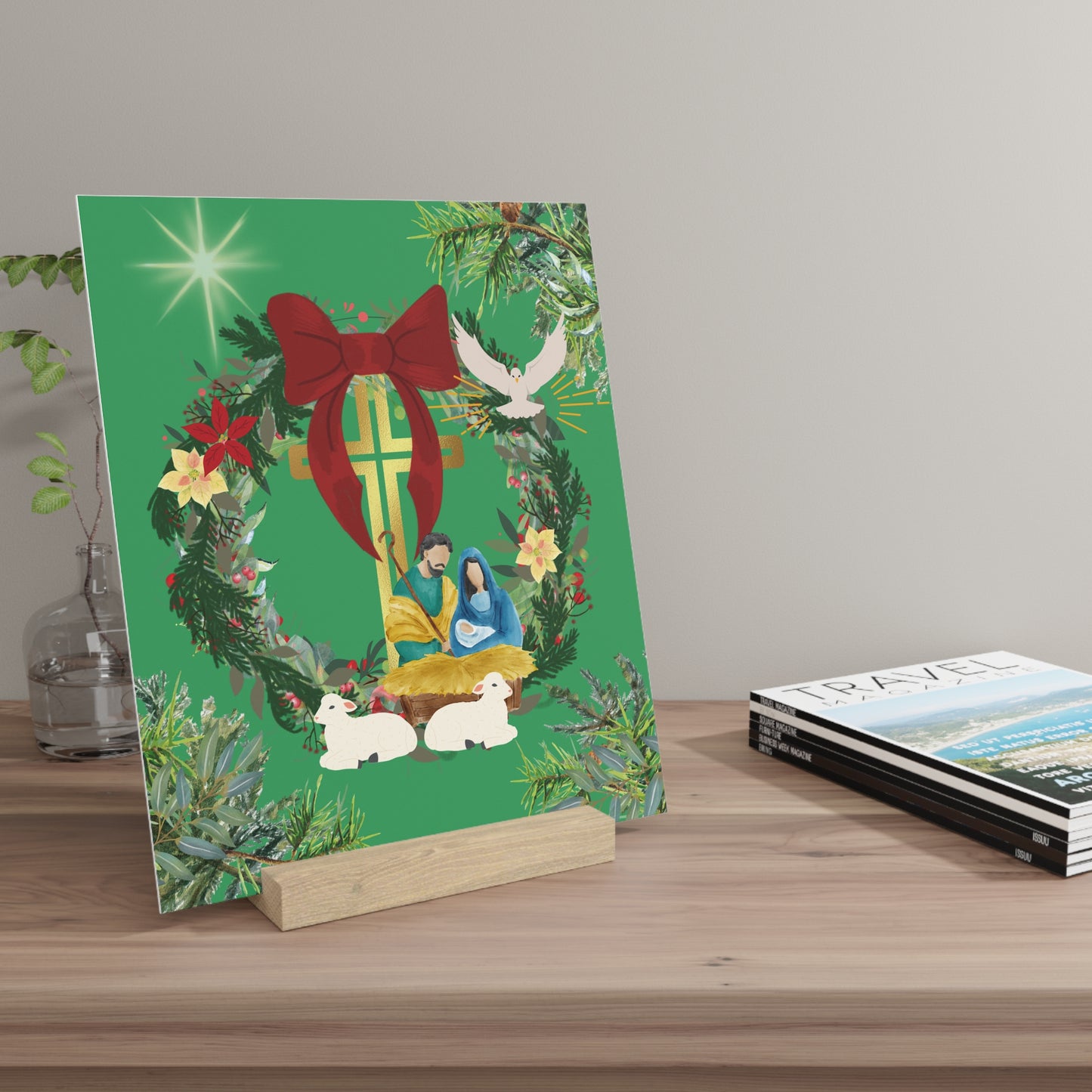 Bright Green Christmas Art Featuring the Nativity